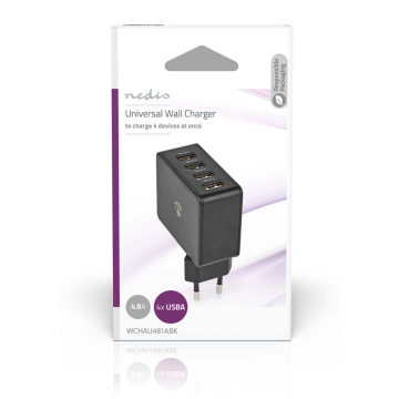Nedis Universal 4-Port USB-A 4.8A Wall Charger-Zwart (Diversen) Nieuw
