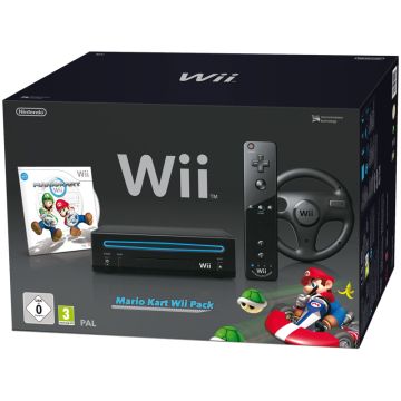 Nintendo Wii Family Edition Zwart Pack-Mario Kart & Wheel (Wii) Gebruikt